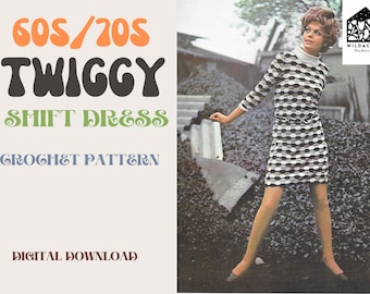 Vintage 60s 70s Crochet Pattern | The Twiggy Dress | Autumn Winter Knitted Shift Dress | Retro Knitwear | Digital Download PDF | Mod Soul