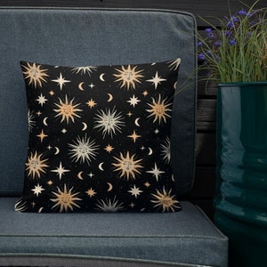 Suns Moons Cushion Celestial Stars Print Pillow Zodiac Space Whimsical Pattern Original Illustration Vintage 5 Colours Terracotta zdjęcie 5