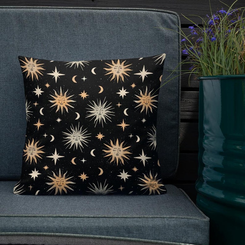 Suns Moons Cushion Celestial Stars Print Pillow Zodiac Space Whimsical Pattern Original Illustration Vintage 5 Colours Terracotta zdjęcie 5