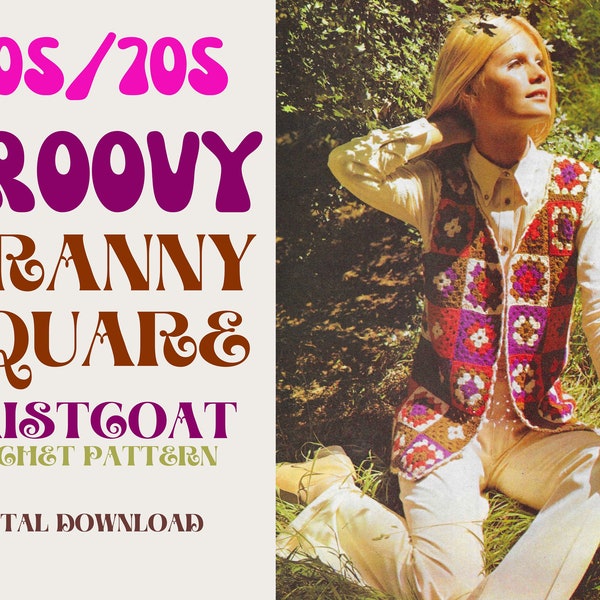 Groovy Granny Square Waistcoat Crochet Pattern | Digital Download PDF | Vintage 60s 70s Bolero / Gilet | Hippy Retro Boho | Autumn Winter