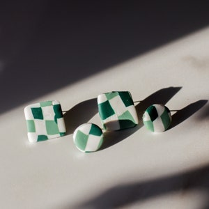 Green and white checkered gingham earring studs | hand made polymer clay earrings | lightweight