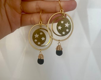 Star and moon open hoop dangle earrings, black gemstone earrings, gold and black, whimsical earrings, witchy earrings