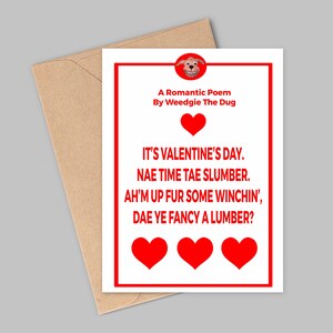 Carte de Saint-Valentin écossaise drôle, poème drôle de Weedgie The Dug, carte de Saint-Valentin de Glasgow, 7 x 5 pouces, intérieur vierge pour votre propre message