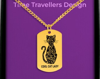 Psychedelic Cat Tag Necklace for Cat Ladies, Gold Plated Pendant