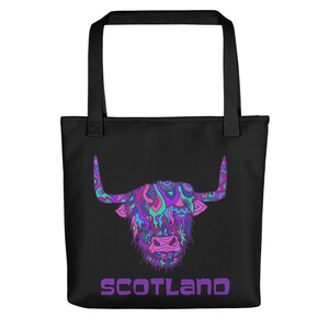 Scotland Highland Cow Tote Bag, Psychedelic Design, 15 x 15 inches, Colourful and Unique