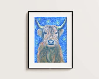 A4 Art Print, Starry Night Coo, Inspired By Van Gogh, Scottish Highland Calf Against A Starry Sky