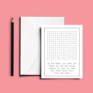 Druckbare Geburtstagskarte mit Wortsuchrätsel, einzigartiges Geschenk, ungewöhnliche Karte, PDF-Download, keine Wartezeit auf Lieferung
