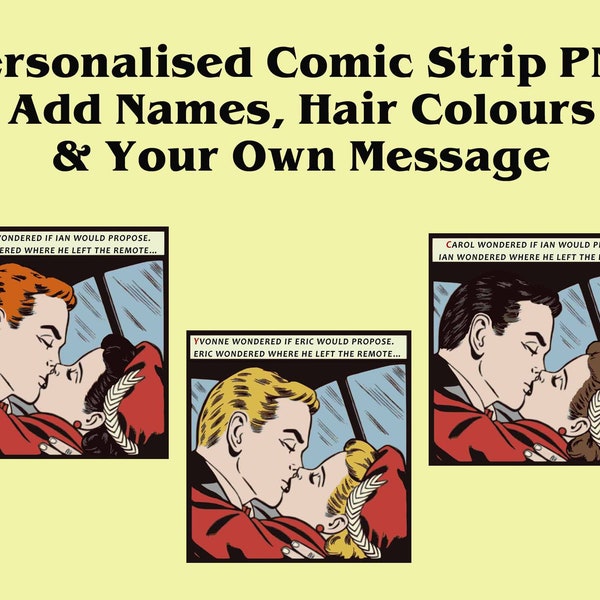 Personalized Comic Book Image, Funny Romance, Add Names, Hair Colour & Message, Digital, High Res PNG, Great Gift Idea, Wedding, Engagement