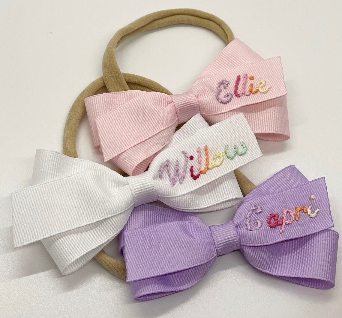 The Lottie Bow Script Rainbow Name Hand-embroidered Bow - Etsy