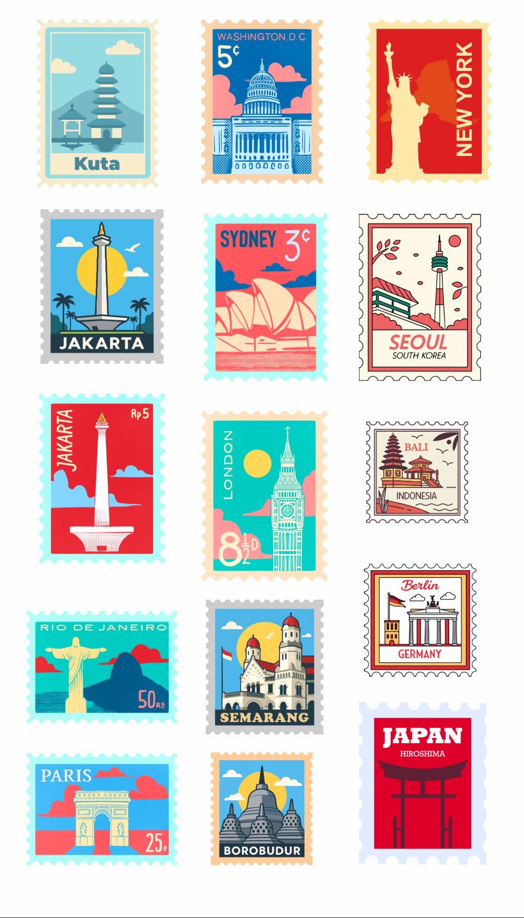 Vintage Postage Stamps Sticker Sheet | World Cities Stickers Paris ...