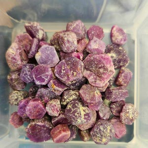 May include: A collection of raw, unpolished ruby crystals in varying shades of deep magenta, purple, and dark pink. These hexagonal-shaped gemstones feature rough, textured surfaces with natural inclusions and opaque, earthy mineral deposits.