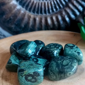 May include: A cluster of polished green stones with dark, swirling patterns. The stones are presented in a light brown wooden bowl, with a blurred background featuring a fossil and greenery.