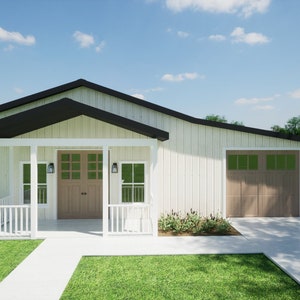 Barndominium de una planta de 42&#39; x 30&#39; - THE OZARK - Concepto abierto, patio cubierto, espacio de garaje, lavandería grande, almacenamiento adicional, rentable