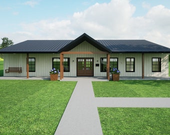 May include: A white farmhouse style home with a black roof, a brown wooden front door, and a porch with wooden posts. The home has a swing on the porch and a walkway leading to the front door.