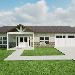 Barndominium de una sola planta - 60&#39; x 40&#39; - THE SAN ANTONIO - Concepto abierto, garaje para 2 autos, gabinetes empotrados, granja, armarios para él y para ella