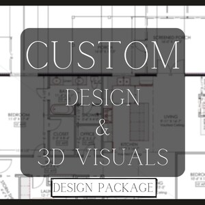 May include: A black and white floor plan with the text "CUSTOM DESIGN & 3D VISUALS DESIGN PACKAGE" overlaid on top. The floor plan shows a house with multiple rooms, including a garage, carport, bedrooms, bathrooms, kitchen, living room, office, and a screened porch.
