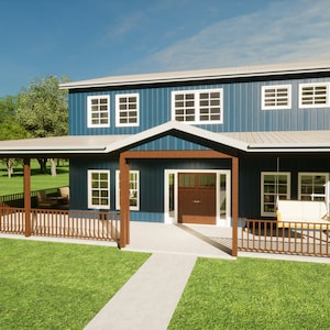 Barndominium à deux étages 36&#39; x 30&#39; - LE CHARLEVOIX - Patio enveloppant, îlot de cuisine, bureau, loft, dressing