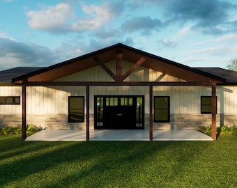 May include: Exterior view of a modern farmhouse-style home. The house features a black roof, light-colored siding, and a stone veneer base. A covered porch with wooden beams extends across the front, with a dark door and windows. The house is set on a green lawn under a blue sky.