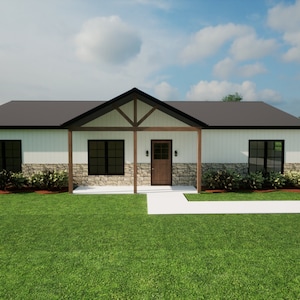 Barndominium de una planta - 40&#39; x 60&#39; - THE DALLAS - Concepto abierto, garaje para un solo automóvil, chimenea, patios delantero y trasero, despensa de gran tamaño