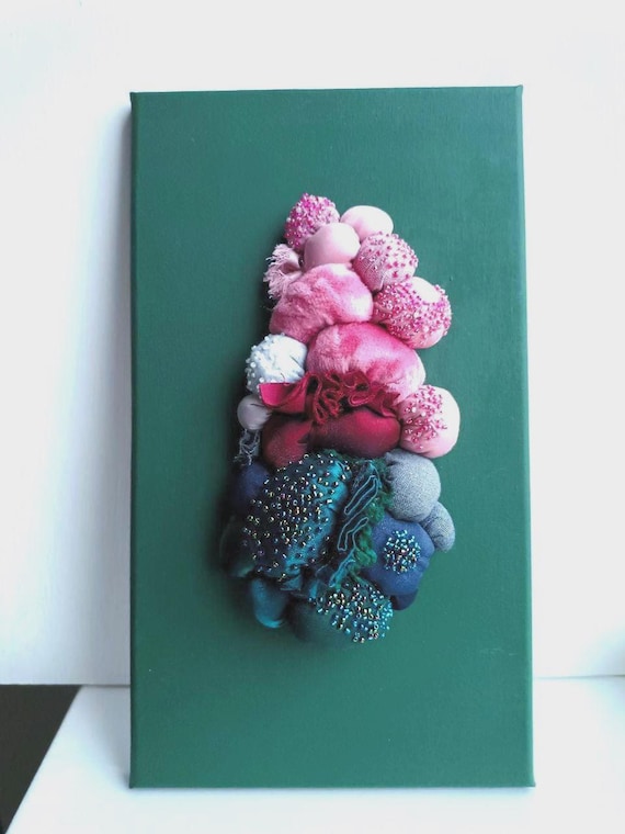 3d textile wall art/Original handmade fabric wall decor, Soft art on canvas, Single copy, Bead embroidery on textured surface/Soft sculpture