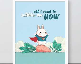 Superhero Bunny Rabbit Art Print – Cute Inspirational Poster, Animal Illustration, Affirmation Wall Art, Uplifting Poster, Motivational Art