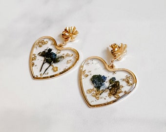 Purple Pressed Flower Heart Resin Earrings