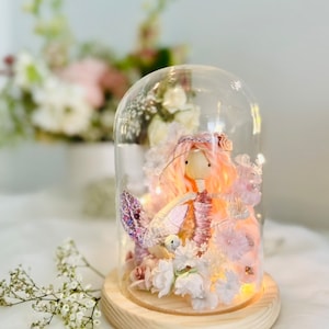 Cute pink purple mermaid fairy doll in bell jar with lights, handmade fairy doll, mermaid decor, mini mermaid doll