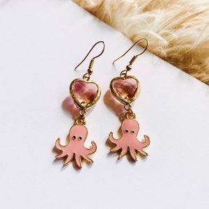 Pink Octopus Earrings - Sea Creature Heart Earrings - Kawaii Earrings - Dangle Drop Earrings - Cute Jewelry - Gifts for Her