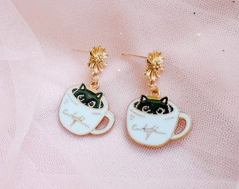 Black Cat in a Coffee Mug Earrings
