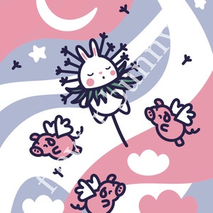 Mignon lapin lapin pissenlit impression d’art avec tapis, illustration de lapin de fleur, impression d’art d’illustration de lapin, art kawaii, décor de chambre