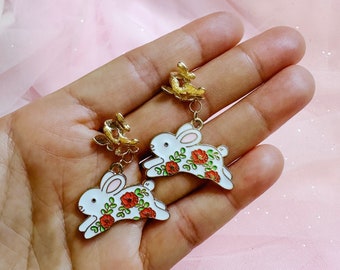 Floral Bunny Rabbit & Gold Butterfly Earrings