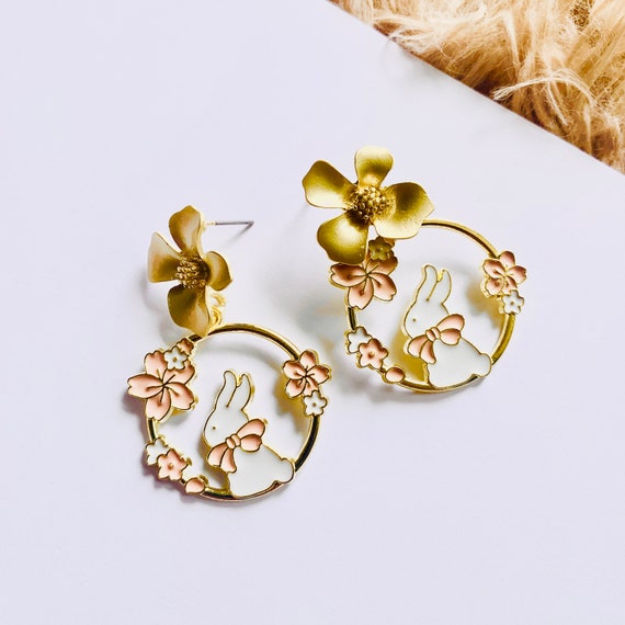 Bunny Rabbit Gold Pink Flower Earrings Bunny Rabbit Jewelry Kawaii Earrings Cute Earrings Earrings for Women Etsy Australia