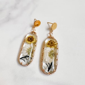White & Yellow Pressed Flower Resin Earrings