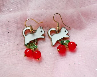White Cat Earrings With Red Cherries - Cat Jewelry - Cute Jewelry - Kawaii Earrings - Dangle Drop Earrings - Gifts For Her