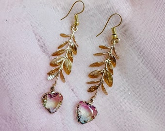 Rainbow Heart Crystal & Gold Leaf Earrings