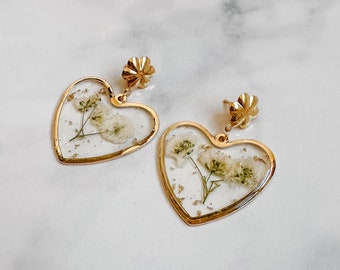 White Pressed Flower Heart Resin Earrings