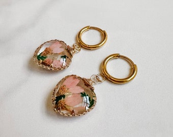 Pink Pressed Flower Resin Huggie Earrings