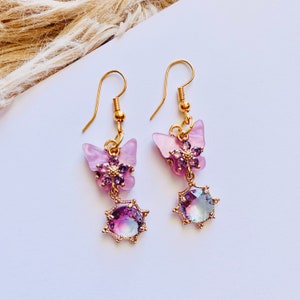 Purple blue butterfly earrings, crystal earrings, kawaii earrings, cute earrings, gifts for her