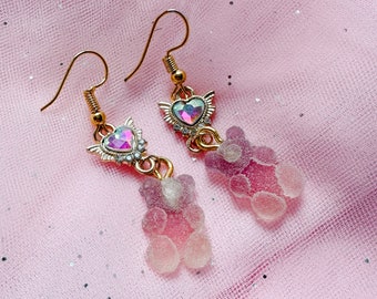 Pink Sour Gummy Bear Earrings with Heart