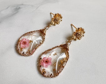 Pink Pressed Flower Resin Earrings