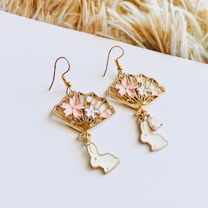 Bunny rabbit fan earrings, bunny rabbit jewelry, rabbit earrings, cherry blossom sakura, kawaii earrings, cute earrings, earrings for women