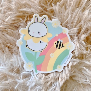Cute flower bunny rainbow sticker, bunny rabbit sticker, flower sticker, rainbow sticker, die cut sticker, waterproof sticker, vinyl sticker