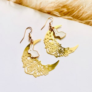 Gold moon flower bunny rabbit earrings, moon jewelry, bunny earrings, cute earrings, earrings for women