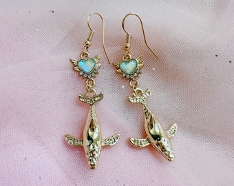Gold Whale & Blue Crystal Heart Earrings