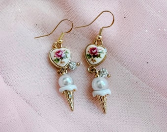 Ice Cream Cones with Porcelain Heart Earrings