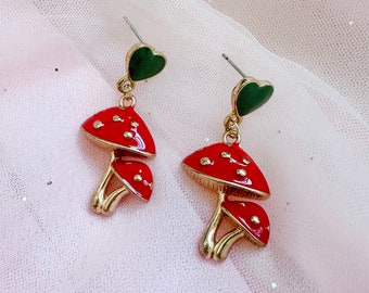 Red Mushroom Earrings with Green Heart Studs