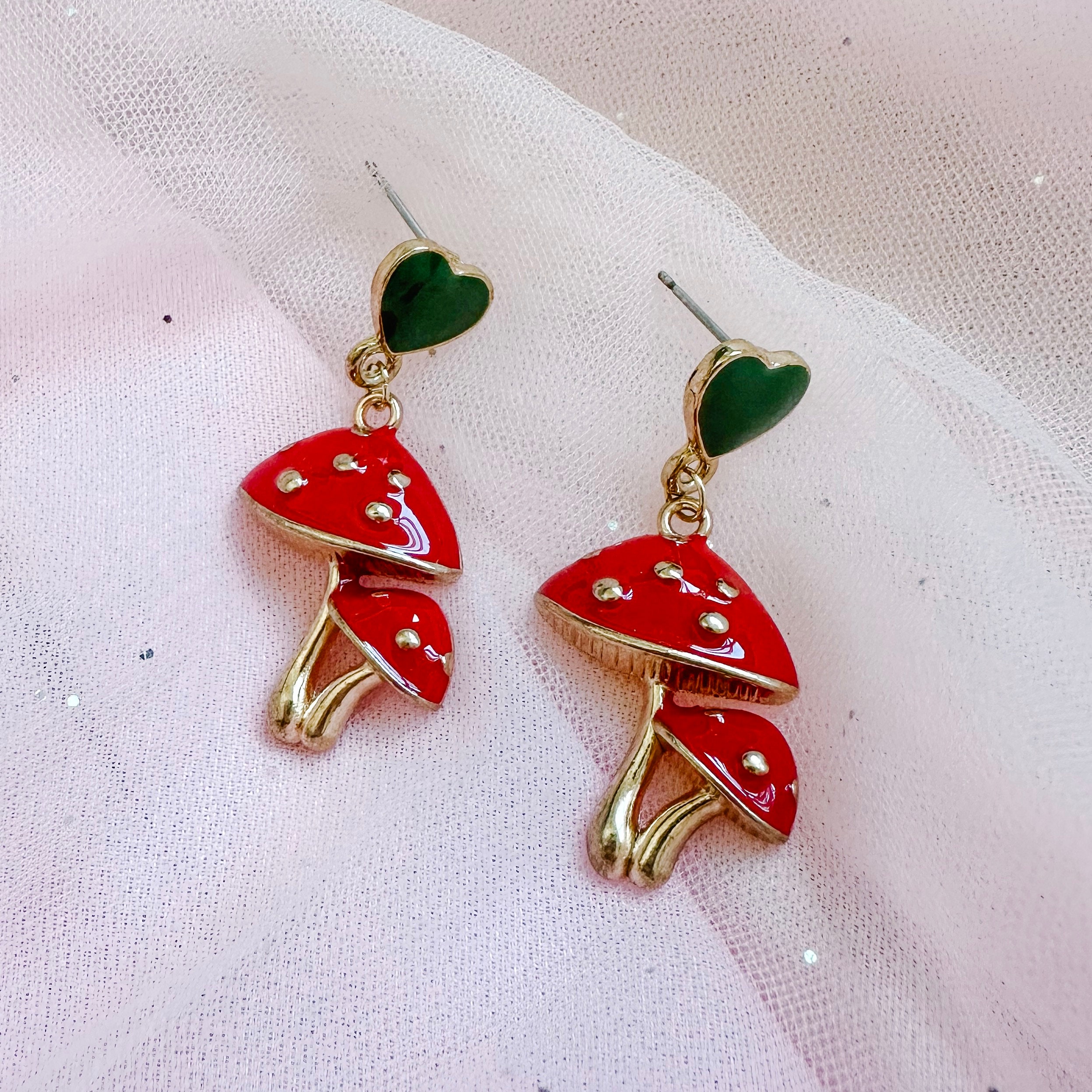 Red Mushroom Earrings With Green Heart Studs