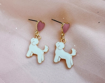 White Dog & Pink Heart Earrings