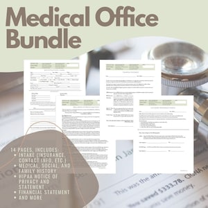 Peut inclure: Un ensemble de formulaires de cabinet médical, comprenant l'admission, les antécédents médicaux et les états financiers. L'image présente un stéthoscope et le texte "Medical Office Bundle" et "14 pages, includes: intake, medical, social, and family history, HIPAA notice of privacy and statement, financial statement, and more."