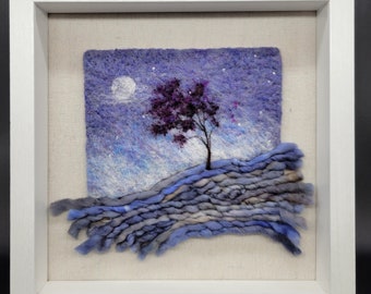 Felt art, trees, snow, felted, felt painting, felted wool art, wool painting, needle felt painting, in 10x10 frame behind glass